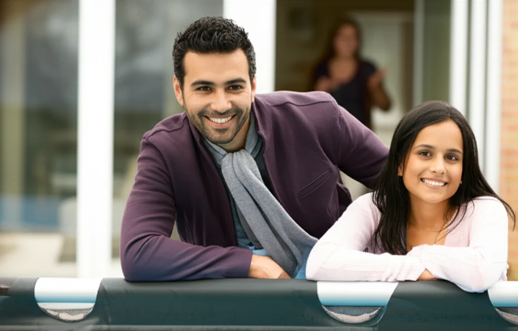 Slightly elevated shot of a family (father, daughter, mother slightly blurred in background) looking out at their covere